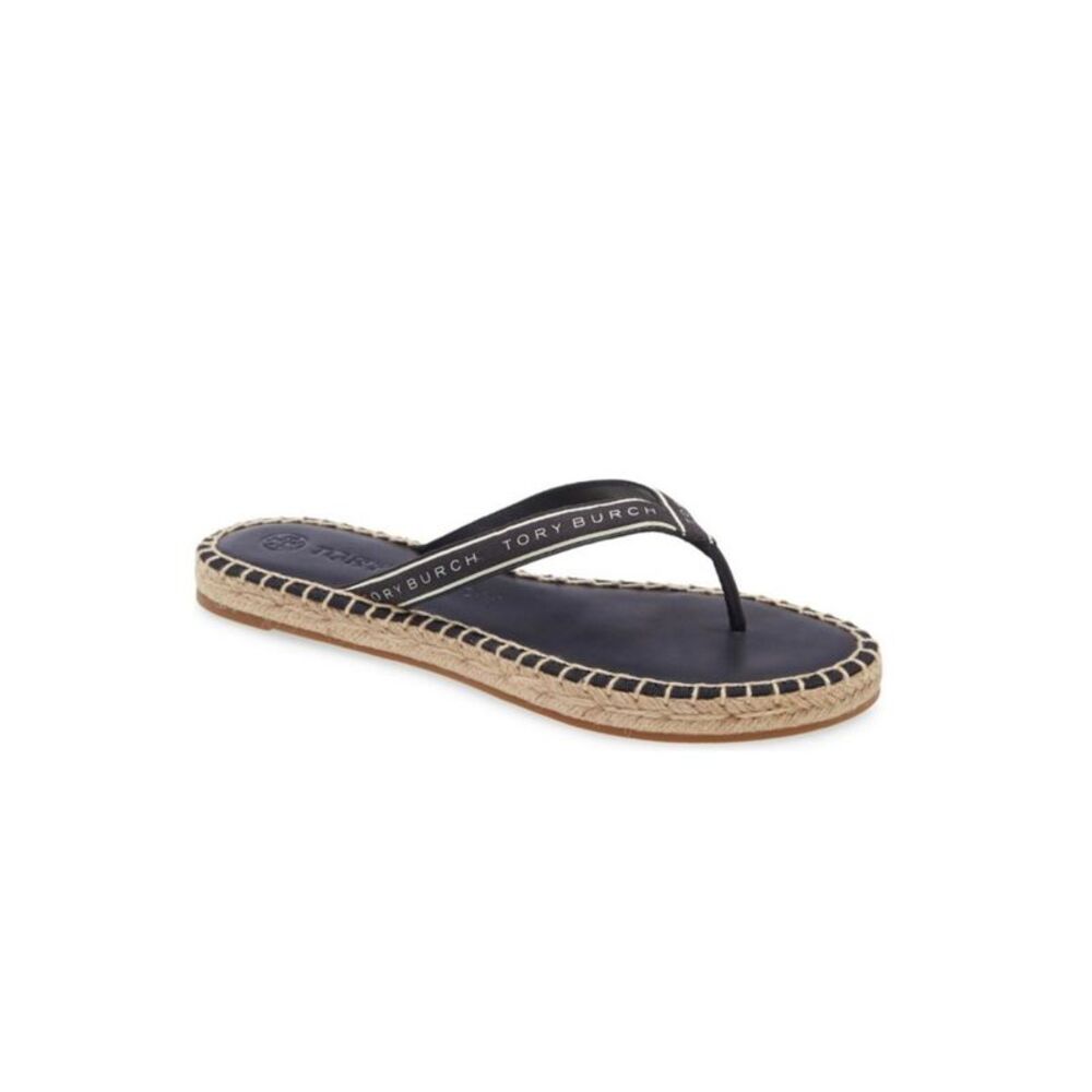 NWT TORY BURCH Womens Navy Jute Sole Logo Round Toe Slip On Flip Flop Sandal 6